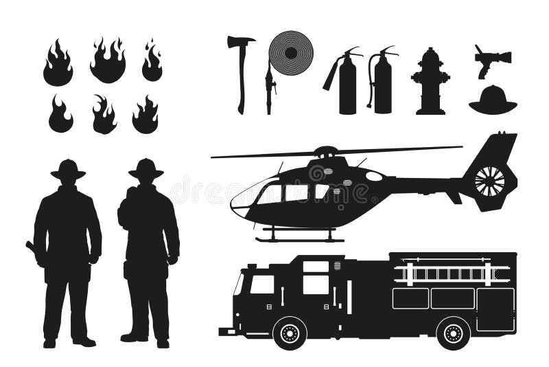 Siluetta nera dei pompieri e dell'attrezzatura anti-incendio su fondo bianco Elicottero ed automobile dei firemans
