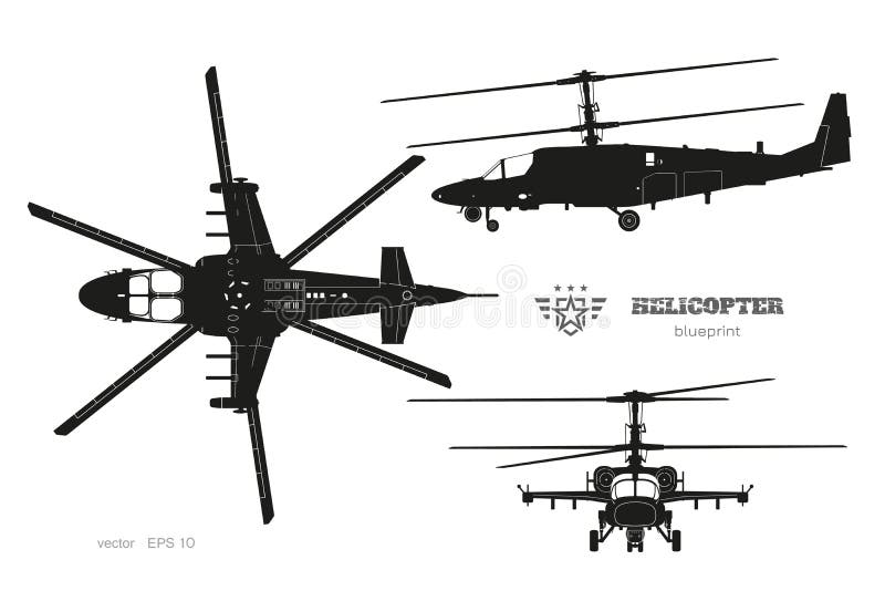 Siluetta nera dell'elicottero militare Vista superiore, laterale e anteriore del veicolo aereo armato Progetto isolato industrial