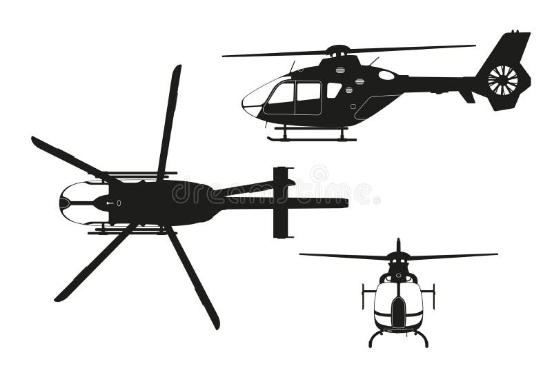 Siluetta nera dell'elicottero su fondo bianco Cima, lato, vista frontale Disegno isolato