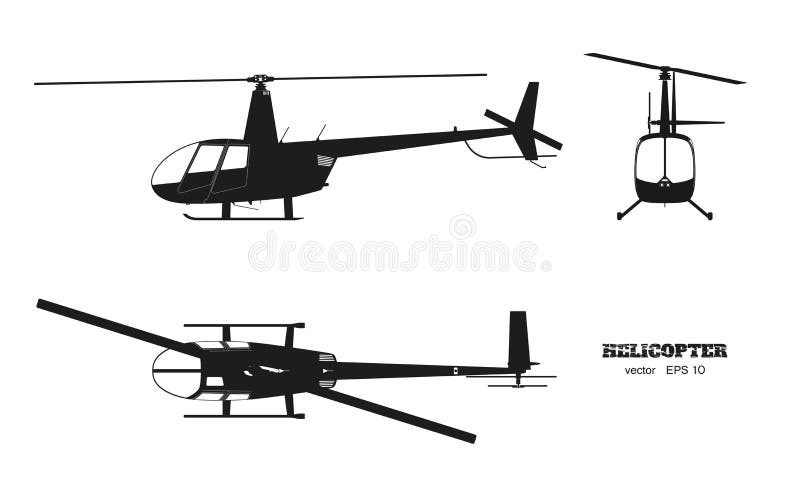 Siluetta nera dell'elicottero su fondo bianco Vista laterale anteriore e della cima, Immagine dettagliata del veicolo di affari