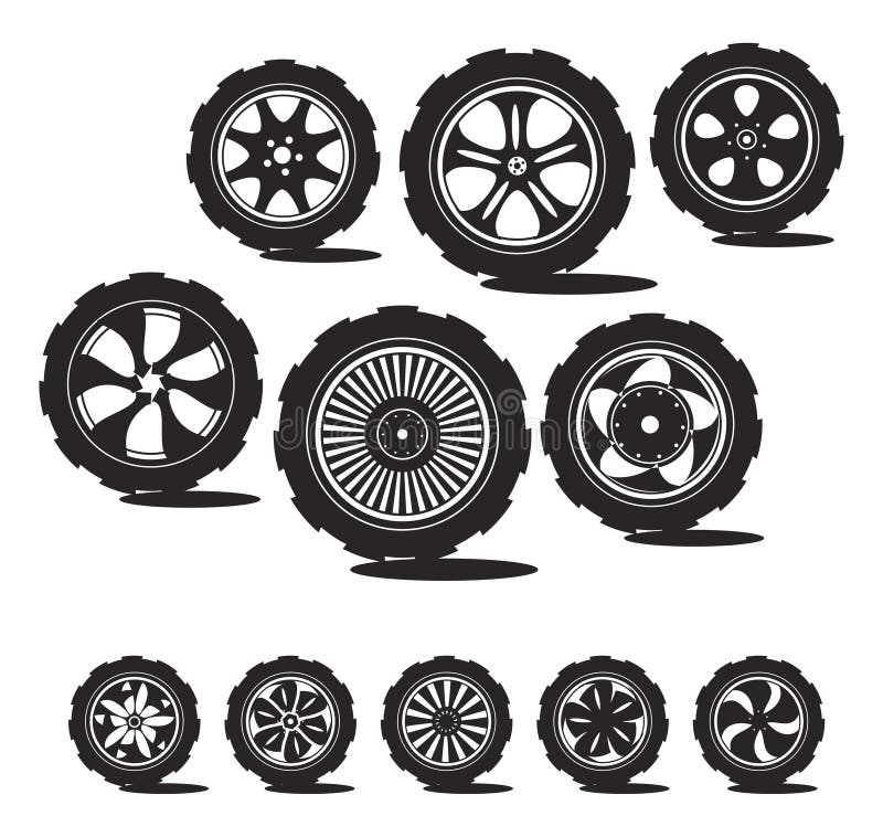 Black silhouette: automotive wheel with alloy wheels and tires. Black silhouette: automotive wheel with alloy wheels and tires