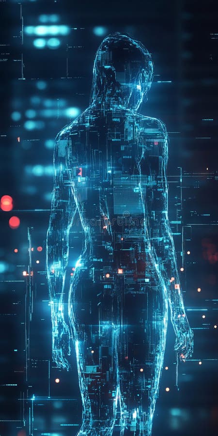 Siluetta umana digitale futuristica con circuito blu luminoso in uno sfondo cibernetico royalty illustrazione gratis