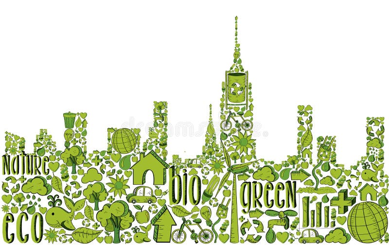 Siluetta verde della città con le icone ambientali