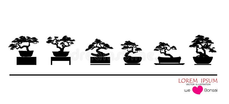 siluette del à¸ºBlack degli alberi dei bonsai in vasi sulla tavola
