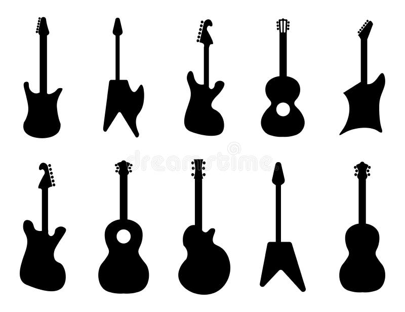 Siluette della chitarra Roccia, acustica, chitarre elettriche Siluetta nera della chitarra della roccia, illustrazione della cord illustrazione di stock