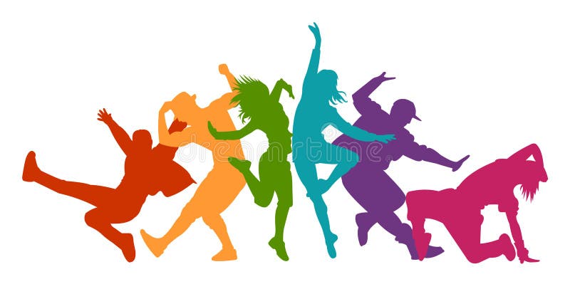 Siluette dettagliate dell'illustrazione di ballare espressivo della gente di ballo Musica funky di jazz, hip-hop, iscrizione di b