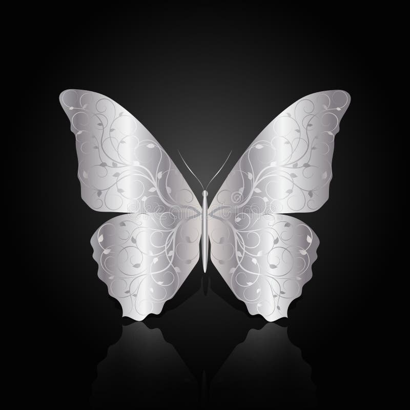 Silver Abstract Butterfly on Black Background Stock Vector