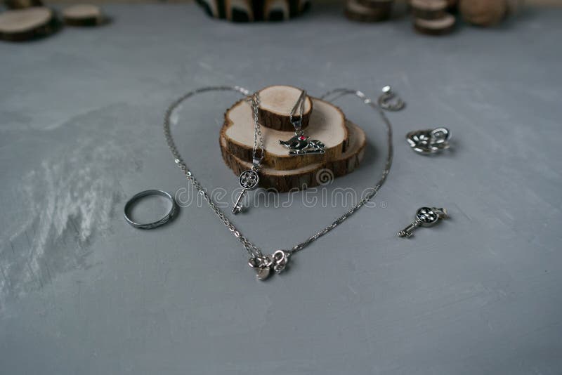 Silver Pendants on Gray Background Stock Photo Image of macro