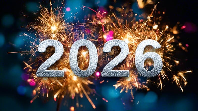 Silver 2026 Against Sparkling Fireworks on a Royal Blue Festive Abstract Defocused Background vector illustration