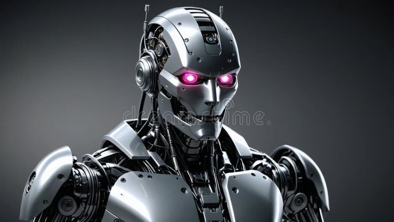 Silver android with red eyes, representing futuristic robotics and artificial intelligence royalty free stock photos