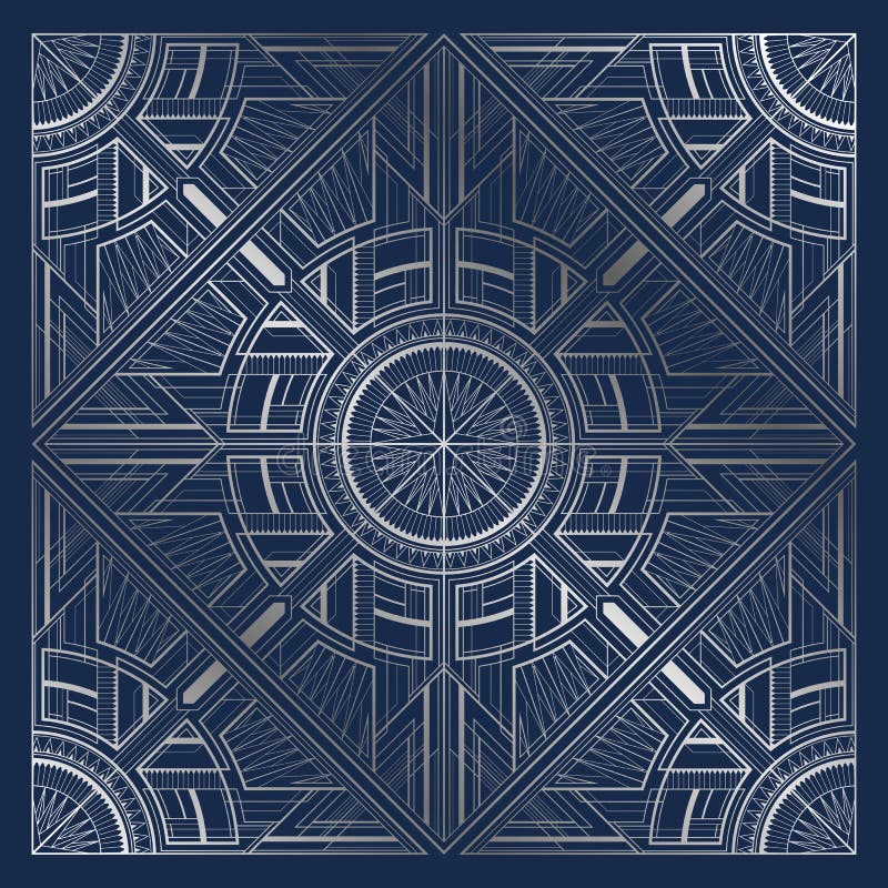 Silver Art Deco Illustration with Ornament on Dark Blue Background Stock Vector Illustration