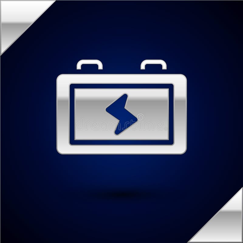 Silver Battery icon isolated on dark blue background. Lightning bolt symbol. Vector stock illustration