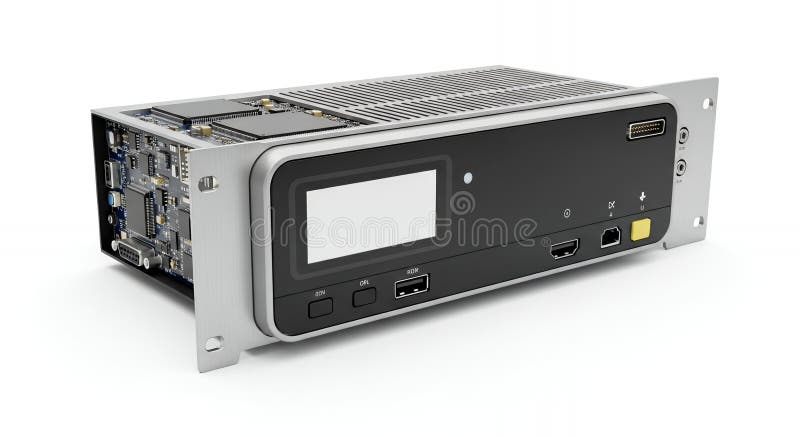 A silver and black embedded system server showcasing visible circuit board elements, designed for high performance computing and data processing on a clean white background. Ideal for industrial. Embedded system illustrations