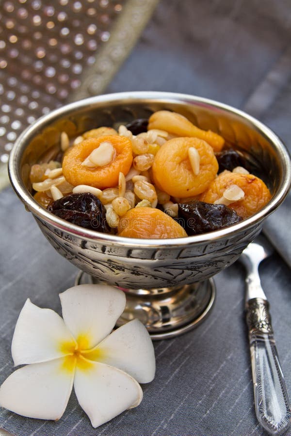 Silver Bowl with Dried Fruits and Nuts Dessert Stock Photo Image of