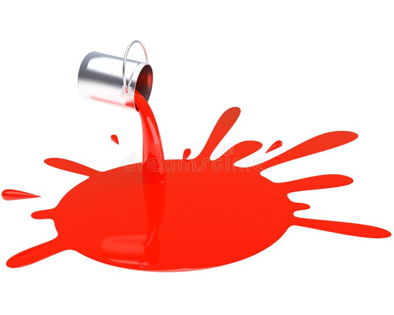 Silver bucket pours red paint isolated