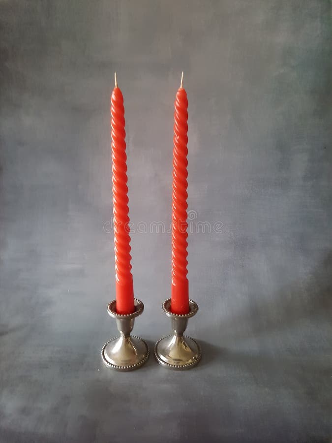 Silver Candlestick with Two Red Decorative Candles. Stock Photo Image