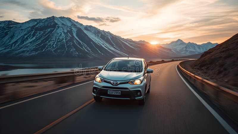 A silver car is driving down a road with mountains in the background stock illustration