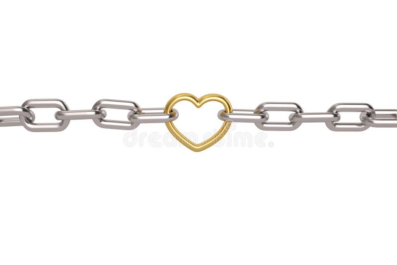 Silver Chain with Gold Heart Links on White Background.3D Illustration