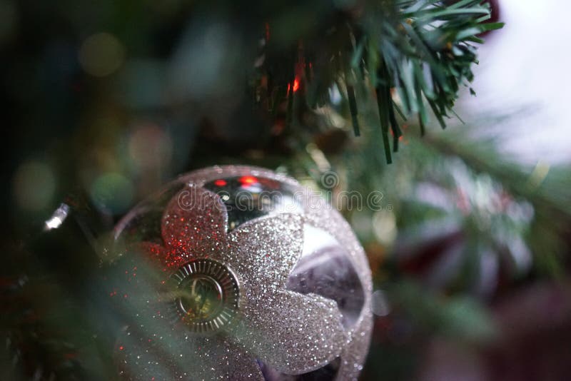 Silver Christmas Bauble Hanging On Christmas Tree Picture. Image 109912440