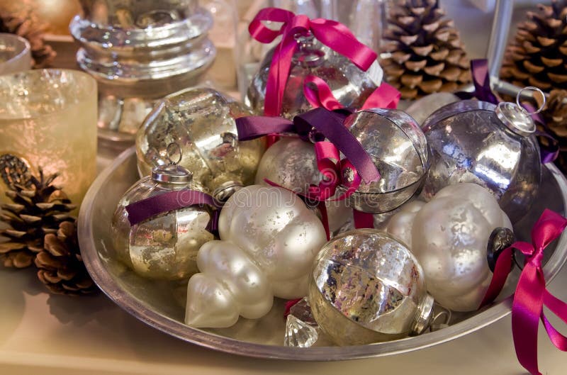 Christmas balls on silver tray for home decoration. Christmas balls on silver tray for home decoration