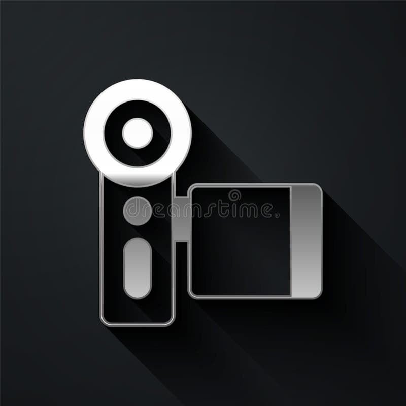 Silver Cinema camera icon isolated on black background. Video camera. Movie sign. Film projector. Long shadow style. Vector.