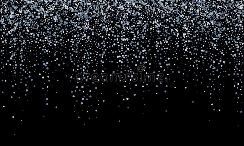 Silver confetti falling, glitter snow shine glow on black vector background. Carnival birthday party sparkling silver confetti