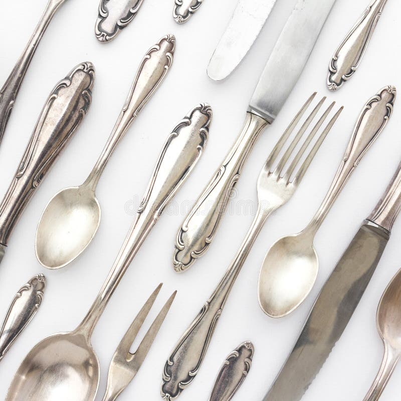 Sterling Silver Cutlery Set Macro Beautiful Flatware Stock Photo