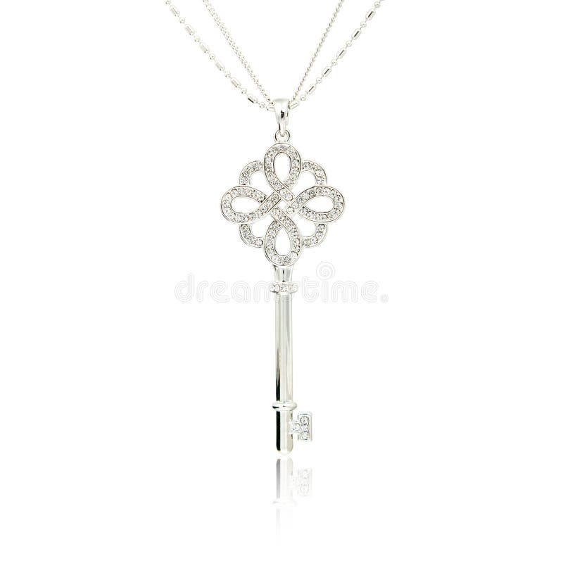 Silver diamond key pendant on white