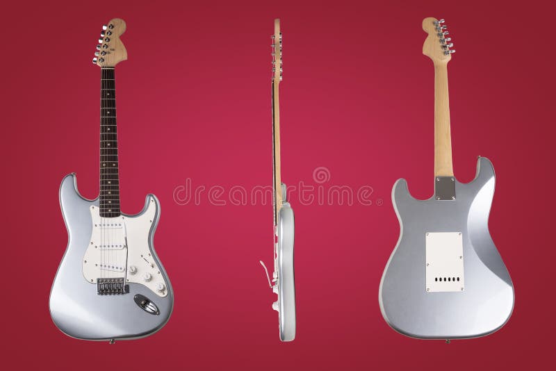 Silver Electric Guitar Front, Side and Back View Isolated on Green