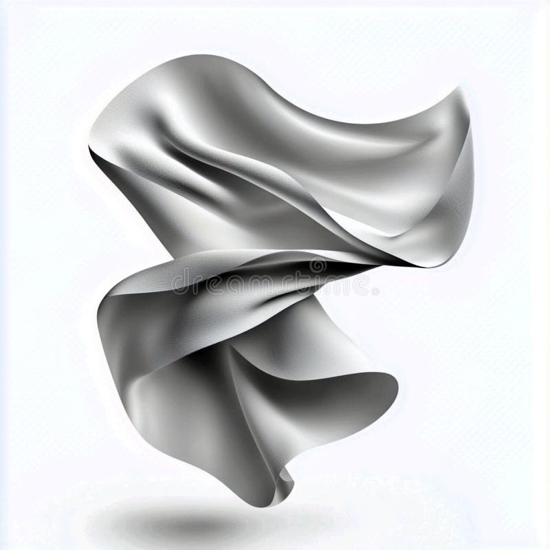 Abstract rendering of a flowing silver fabric against a white space isolated on white bacground stock illustration