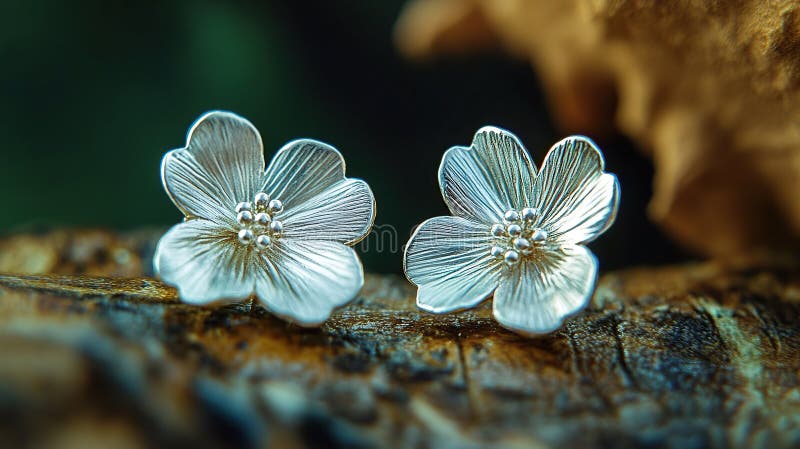 Silver flower earrings on wood royalty-vrije stock afbeelding