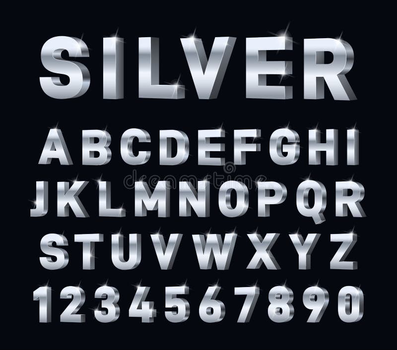 Chrome, steel or silver letters and numbers vector alphabet