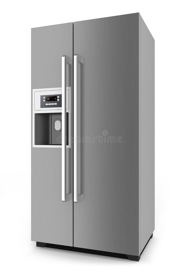 Argento frigorifero porta sistema su bianco.