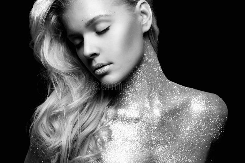Silver Girl. Beautiful Young Woman with Sparkles royalty free stock photos Silver Girl. Beautiful Young Woman with Sparkles royalty free stock photos