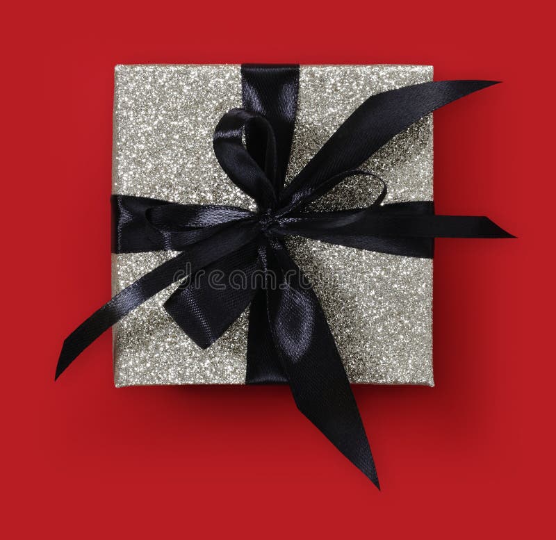 Top View Gift Box Black Ribbon Silver Wrapping Paper Backdrop