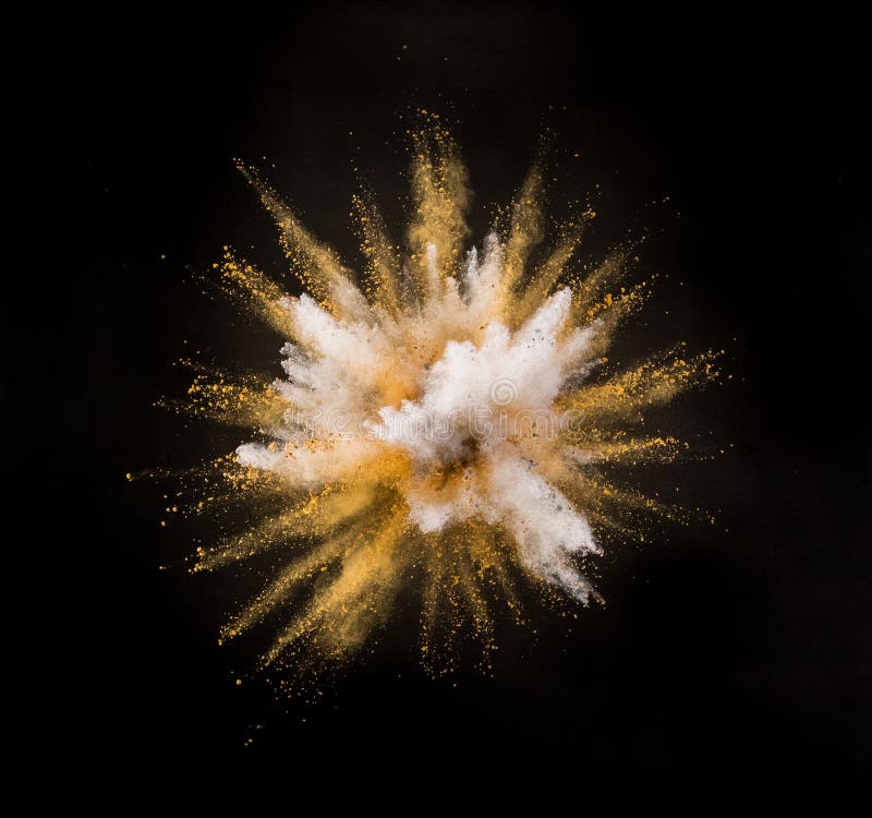 Silver and gold powder explosion on black background.