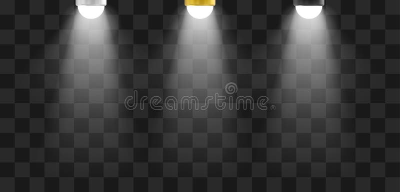 Silver, golden and black ceiling lamp with a white light beam. Vector illustration. vector illustration