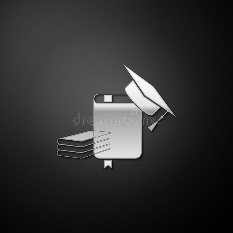 Silver Graduation cap and book icon isolated on black background. Long shadow style. Vector stock illustration