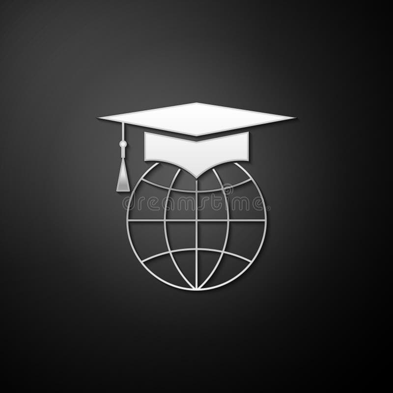Silver Graduation cap on globe icon isolated on black background. World education symbol. Online learning or e-learning royalty free illustration