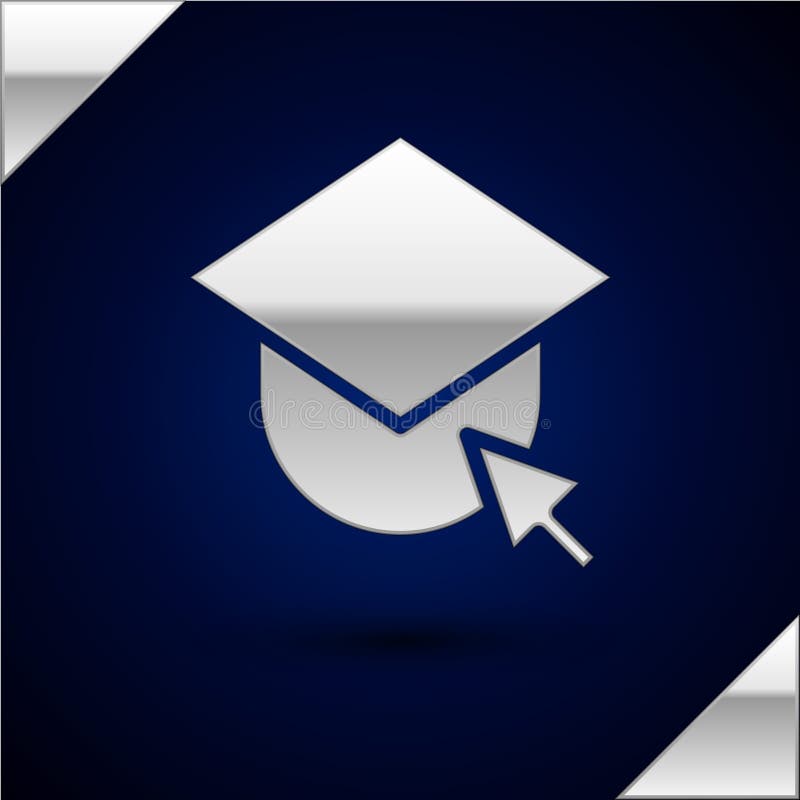 Silver Graduation cap on globe icon isolated on dark blue background. World education symbol. Online learning or e royalty free illustration