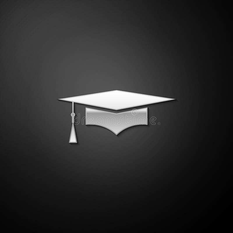 Silver Graduation cap icon isolated on black background. Graduation hat with tassel icon. Long shadow style. Vector stock illustration