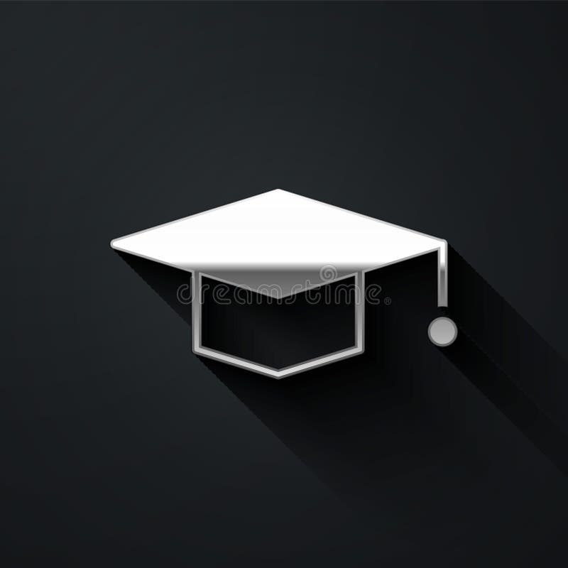 Silver Graduation cap icon isolated on black background. Graduation hat with tassel icon. Long shadow style. Vector stock illustration
