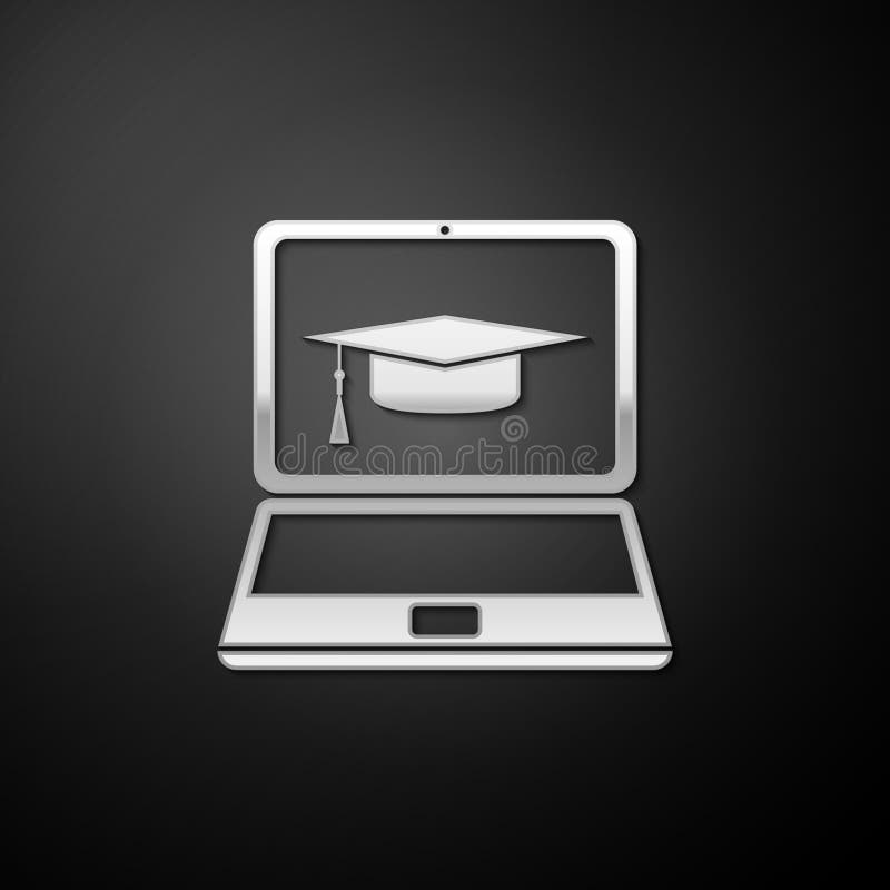 Silver Graduation cap and laptop icon isolated on black background. Online learning or e-learning concept icon. Long vector illustration