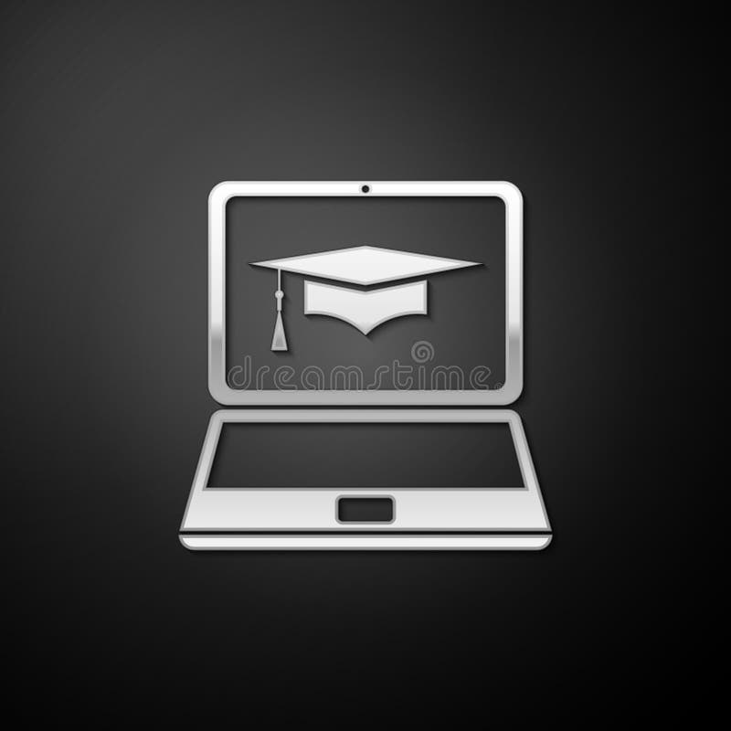 Silver Graduation cap and laptop icon. Online learning or e-learning concept icon isolated on black background. Long stock illustration