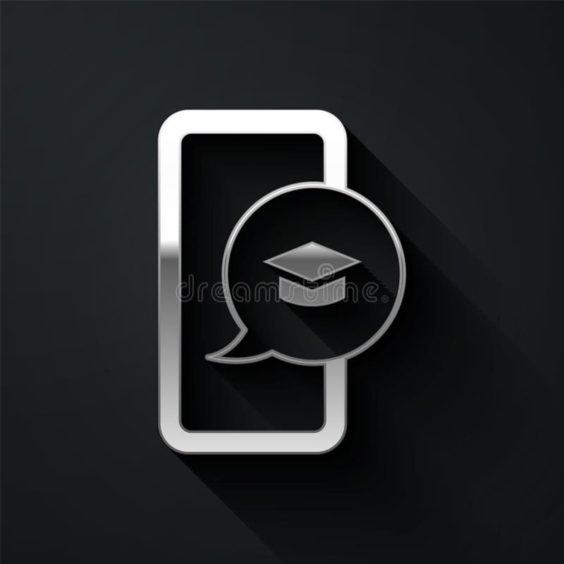 Silver Graduation cap on screen smartphone icon isolated on black background. Online learning or e-learning concept stock illustration