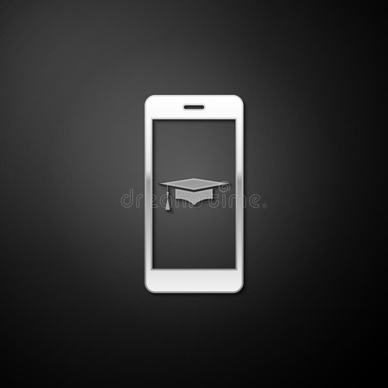 Silver Graduation cap and smartphone icon. Online learning or e-learning concept icon isolated on black background. Long royalty free illustration