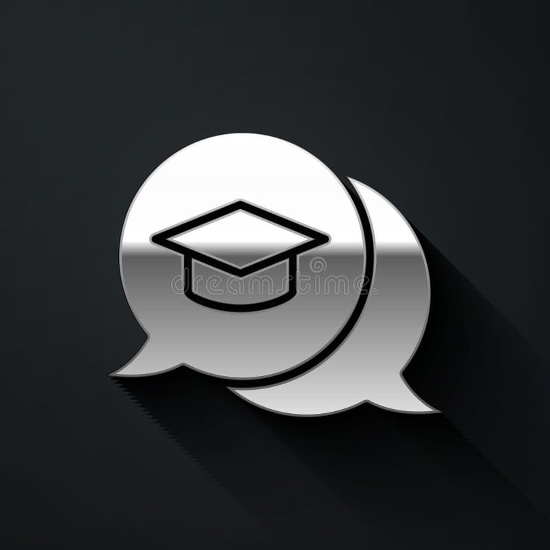 Silver Graduation cap in speech bubble icon isolated on black background. Graduation hat with tassel icon. Long shadow royalty free illustration