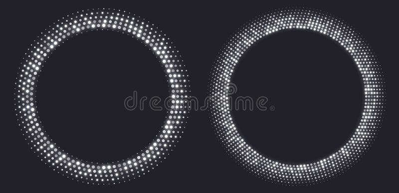 Silver halftone frames, glowing circle borders, round pattern with dots, radial disco luxury design element. royalty free illustration
