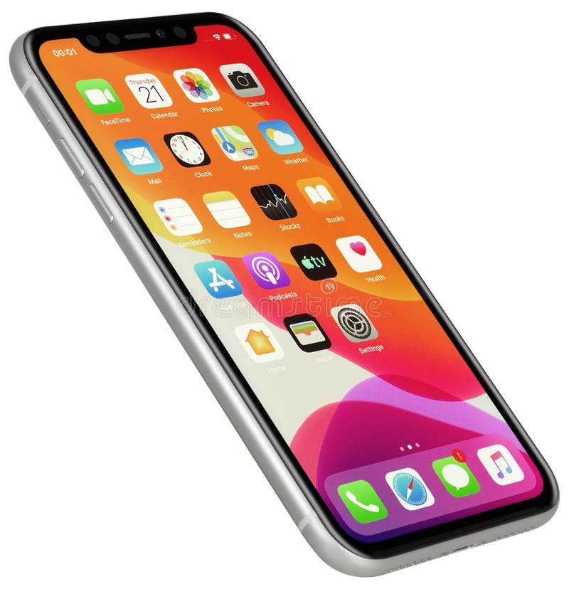Koszalin, Poland – December 07, 2019: Silver iPhone 11 6,1 inch on a white background. The iPhone XR is smart phone with multi touch screen produced by Apple Computer, Inc. Digital editorial stock images, royalty-free photos and pictures