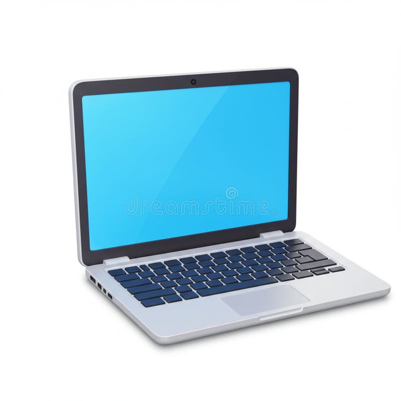 A silver laptop with a blue screen displayed at an angle on a white background. The keyboard has black keys with a central touchpad below. The laptop is thin and lightweight, featuring ports on the side. The device is open, showcasing the display and the camera in the center of the screen's upper frame. Laptop side angle illustrations